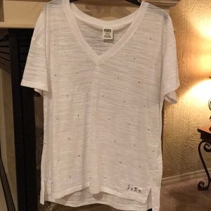 PINK white leggings tee with silver studs Large